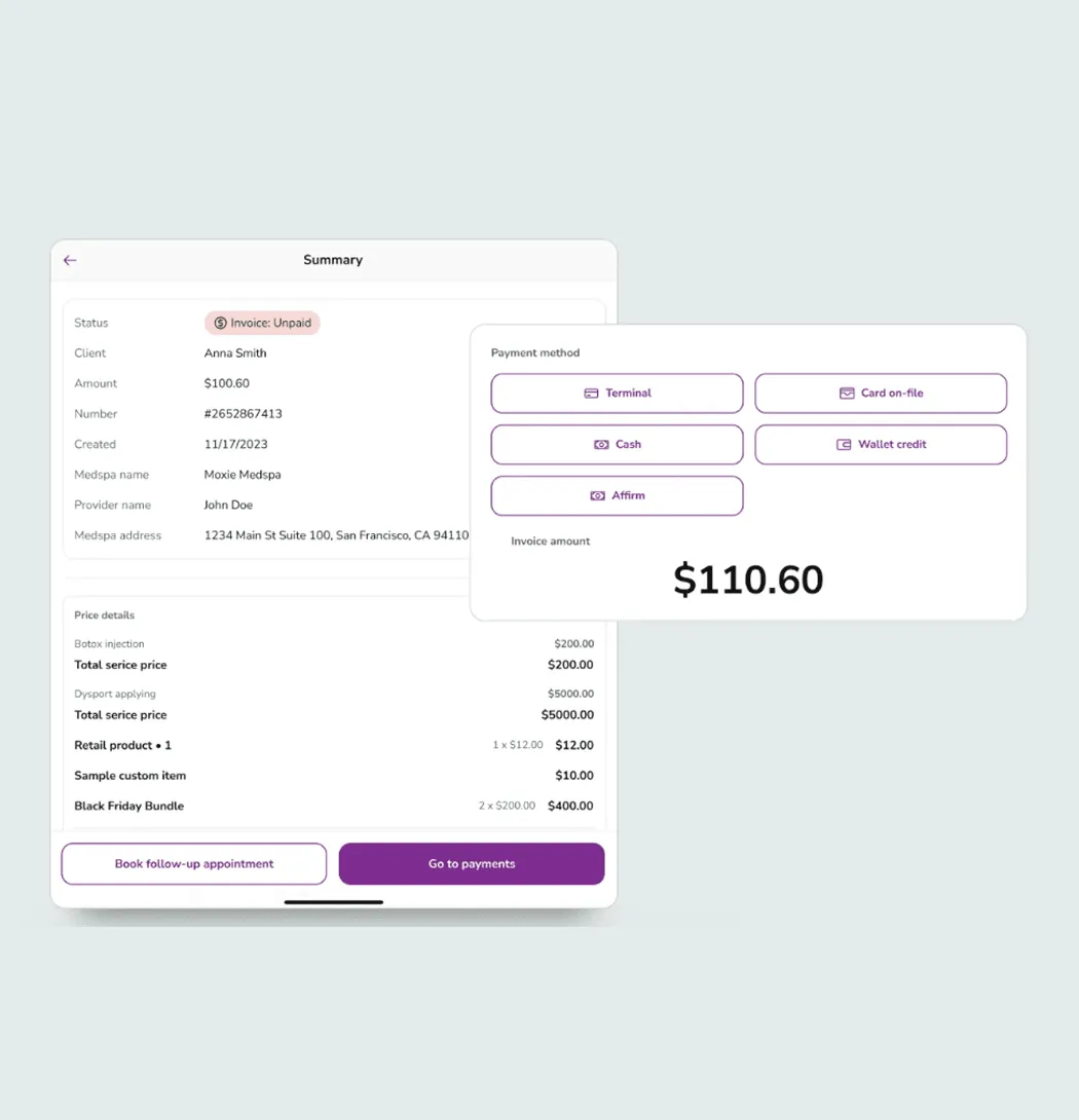 Moxie appointment details screen with product notes and a checkout button