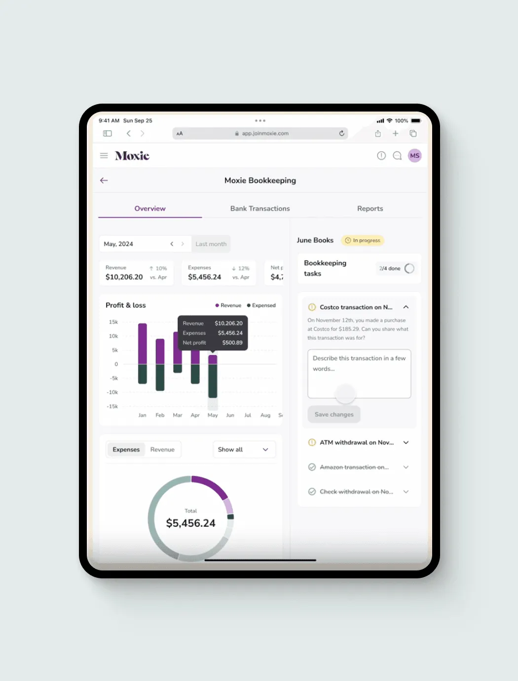 Moxie bookkeeping dashboard with charts and pending tasks on a tablet