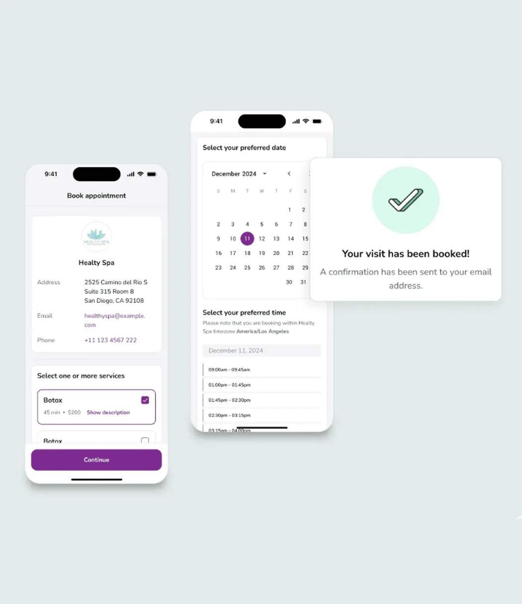 Moxie booking flow with appointment confirmation on mobile screens