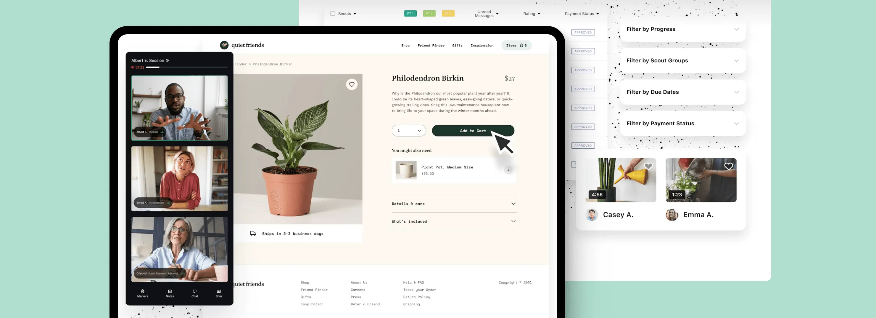 Participant video call panel over a plant product page with response filters and video thumbnails