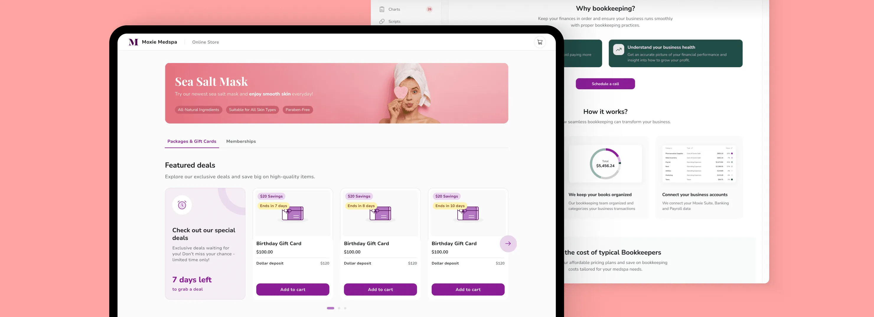 Moxie product screens showing a medspa storefront and a bookkeeping dashboard